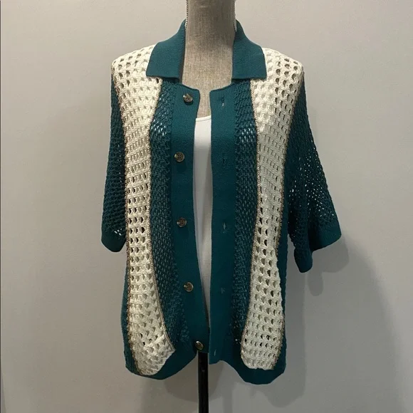 Urban Outfitters Unisex Teal & Cream Crochet Cardigan Size Medium Retro Style - Picture 6 of 14